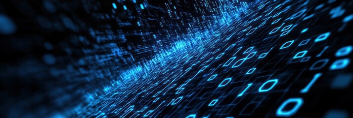 Digital binary code stream flows in blue on dark background abstract concept.