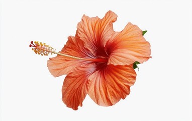 Poster - Peach hibiscus flower levitating against a solid white background. The image is brightly lit, showcasing the flower's intricate details and delicate texture. Studio shot