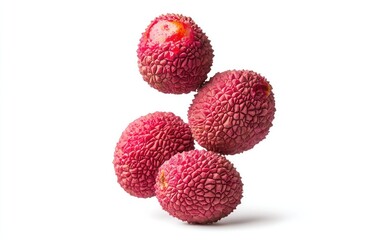 Poster - Four lychees levitate against a bright white background. The lychees are pink-red with a textured surface.  Studio lighting creates a clean, bright image