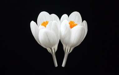 Poster - Two white crocus flowers with orange centers levitate against a stark black background. The image is minimalist and features a high contrast between the bright flowers and dark background