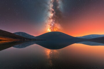 Wall Mural - Majestic Night Sky Reflection: The Milky Way Above Still Waters, Tranquil Landscape Under a Starry Backdrop