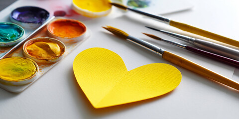 Poster - Yellow paper heart on white surface near paintbrushes and watercolor paints, showcasing art supplies and creative process, symbolizing love, art, and Valentine's Day
