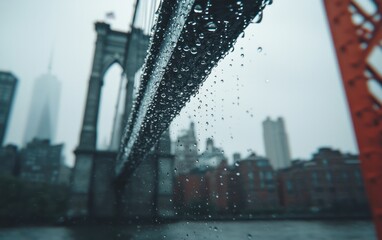 Poster - Close-up of rain droplets on a bridge cable, with a blurred cityscape in the background. The overall mood is moody and atmospheric