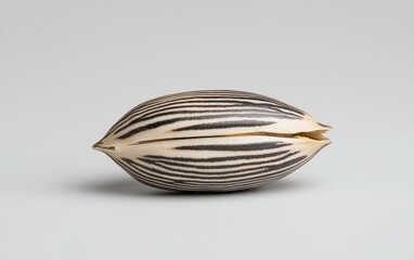 Poster - Close-up of a single sunflower seed, showcasing intricate black and white striped patterns against a light gray background. The seed is sharply focused, highlighting its texture and detail