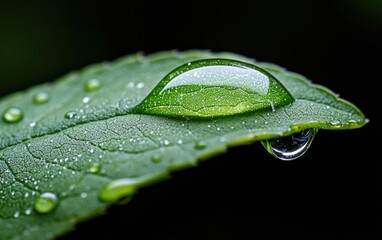 Poster - Macro close-up of a glistening dewdrop on a green leaf, with smaller droplets surrounding it against a dark background. Soft light enhances the water's translucency