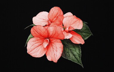 Poster - Red impatiens flower with green leaves levitating against a stark black background. Detailed, pointillist style