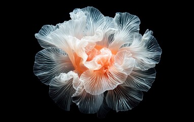 Poster - Abstract image of a white and orange anemone-like form, glowing with tiny lights, levitating against a stark black background.  The image is highly detailed and has a surreal, otherworldly quality