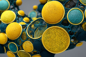 Poster - Abstract image of interwoven yellow and teal spheres, creating a complex, textured network, showcasing intricate design and modern artistry