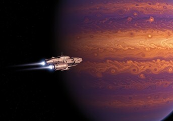 Wall Mural - Spaceship Journeying Past Jupiter: Illustrative Sci-Fi Concept with Plasma Trails and Planetary Backdrop