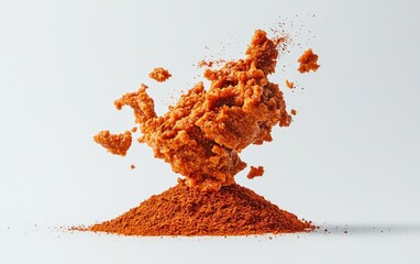 Poster - Orange paste levitates above a pile of orange powder against a white background. The paste is textured and appears slightly crumbly.  The overall effect is dynamic and eye-catching