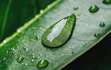 Poster - Macro close-up of a glistening dewdrop on a vibrant green leaf, showcasing water droplet details and leaf texture. Shallow depth of field