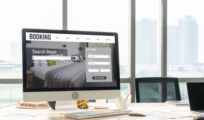 Poster - online hotel accommodation booking website provide modish reservation system . travel technology con