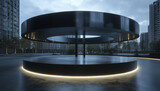 Futuristic circular monument in modern urban setting