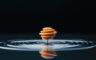 Poster - A golden spinning top perfectly balanced on a dark glassy surface, creating concentric ripples in the water.  The dark background enhances the top's reflective surface. 
