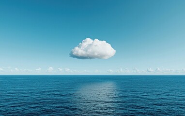 Poster - Single white cloud floats over a calm blue ocean under a clear blue sky. The image is serene and peaceful, showcasing a minimalist natural scene