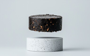 Poster - Dark brown speckled cylinder levitates above a light gray speckled cylinder against a solid white background.  Clean, minimalist aesthetic