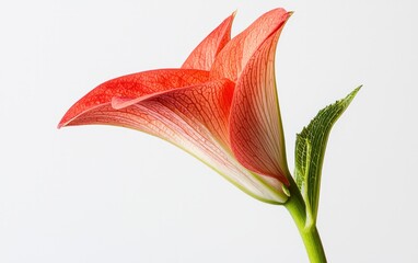 Poster - Single red amaryllis flower with white speckles levitates against a solid white background. The flower's stem is green, and the petals are slightly curved. The image is simple and elegant