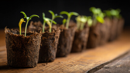 Poster - Close-up of young green sprouts in peat pots, on a brown wooden surface, showcasing new growth and the concept of spring, planting, and new beginnings