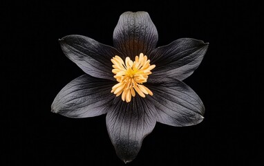 Poster - Dark gray flower with yellow center, levitating against a stark black background. Intricate details visible.  Close-up shot with even lighting