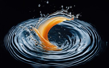 Poster - Orange slice falling into water, creating concentric ripples and splashes.  Dark background enhances vibrant color contrast. Dynamic, abstract image