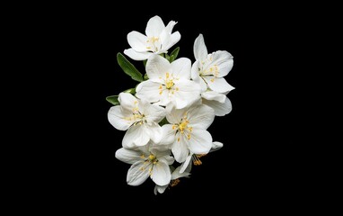 Poster - White flowers with yellow centers, isolated on a black background.  Close-up shot showcasing intricate details of petals and stamens. The image is crisp and clean, with high contrast between the