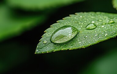 Poster - Macro close-up of a dewdrop on a green leaf, reflecting light.  Dark green background.  High detail and shallow depth of field
