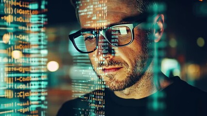 Fototapete - Data processing by a focused man using a smartphone in an urban setting at night, data processing over caucasian man using smartphone
