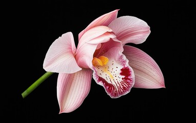 Poster - Pink orchid with dew drops levitates against a stark black background.  The flower's petals are delicately detailed, showing pink and red hues. Studio lighting highlights its texture