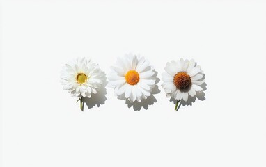 Poster - Three white daisies with subtle color variations in their centers are arranged in a row against a solid white background. The image is lit with bright, even lighting, creating soft shadows