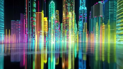 Poster - Dynamic holographic cityscape with vibrant colors illuminating vertical structures and reflective surfaces, the holographic effect of the city that dynamically appears on the surface