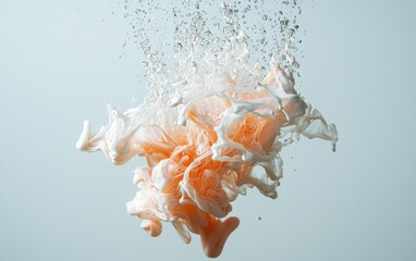 Poster - Abstract image of peach ink dropping into water, creating delicate swirls and a soft, ethereal effect against a light teal background. The ink blooms into a unique pattern with a fluffy texture