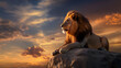 © Fonlinepix - A powerful lion sitting on a rock, surveying its kingdom with a fierce gaze under a vibrant sunset.