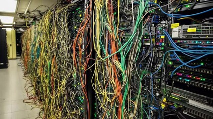 Poster - Complex network of connections in a server room showcasing tangled cables and active equipment, network of connections over server room