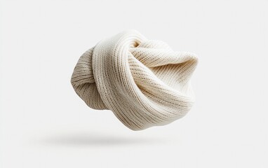 Poster - Cream-colored knitted fabric levitates against a solid white background. The fabric is textured and appears soft, with subtle shadows suggesting its three-dimensionality. The image has a clean