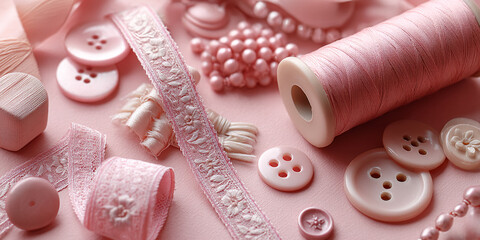 Aufkleber - Close-up of pink sewing materials: buttons, thread, ribbon, beads.  Showcase of delicate textures and colors, ideal for craft or Valentine's Day themes