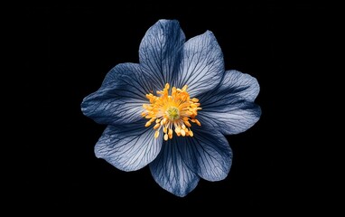 Poster - Close-up of a blue flower with yellow center, levitating against a stark black background. The petals show a textured, almost pixelated appearance
