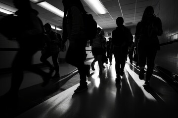 Poster - students walk through a school hallway, shadows stretching long under overhead lights in a black and