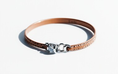 Poster - Light brown leather bracelet with silver clasp on white background. Close-up studio shot. Minimalist jewelry photography
