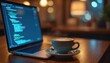 © Vadym - Laptop screen displaying code, coffee cup on wooden table. Cozy workspace with hot drink, programming at desk in cafe. Digital technology, coder developer work, cafe, restaurant, break time.