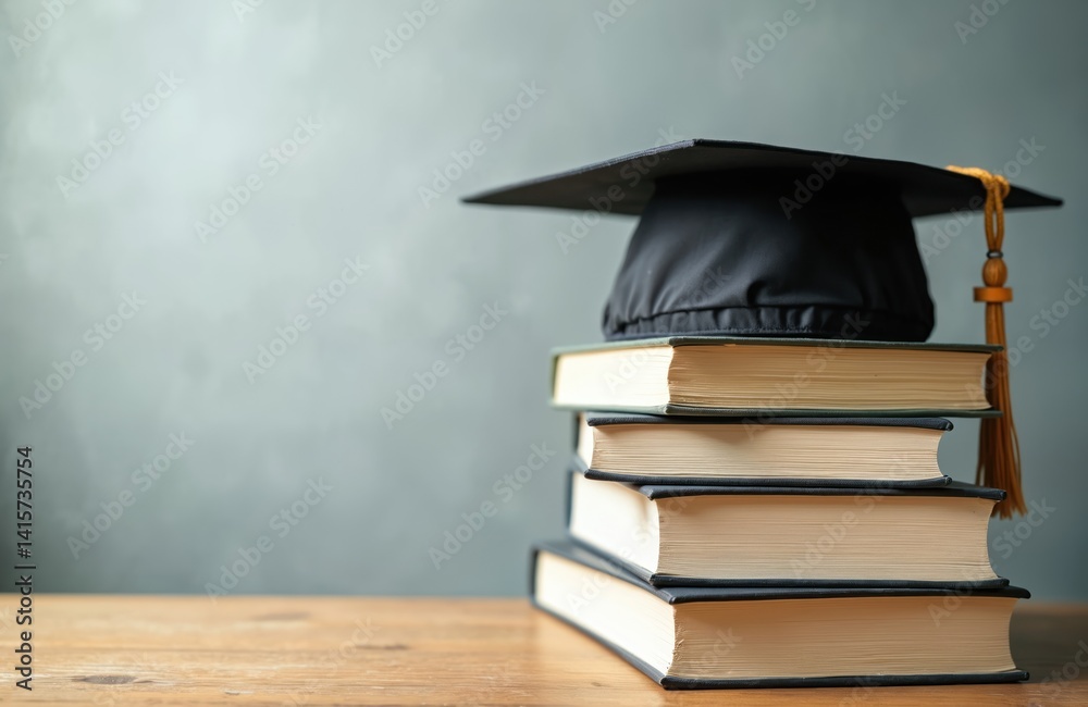 Stack of books with graduation cap on wooden table. Education concept ...