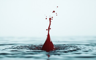 Poster - Red ink drop impacting still water, creating a crown splash with tiny droplets and concentric ripples.  Clean, minimalist background