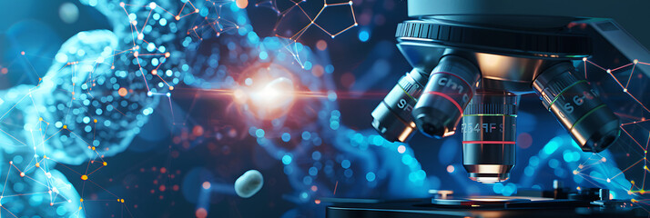 close-up of microscope objective lens with an abstract background of glowing dna helix strands and d