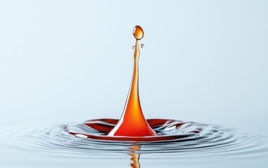 Poster - A drop of orange food coloring falls into clear water, creating a vibrant splash and concentric ripples.  The background is a soft, light blue