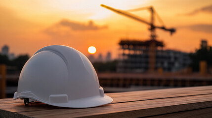 Poster - Hard hat on wooden table at construction site during sunset Generative AI
