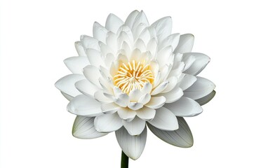 Poster - White lotus flower levitating against a solid white background.  The flower is detailed, showing its delicate petals and yellow center. The image is clean and simple