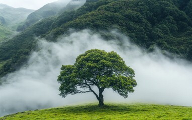 Poster - Lone tree on a grassy hill, enveloped by thick morning fog, with lush green mountains in the background. Serene and peaceful atmosphere