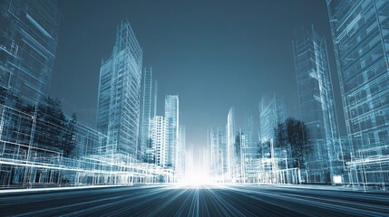 Poster - Futuristic Cityscape with Layered Blueprints and Glowing Elements