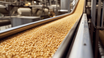 Poster - Conveyor belt transporting golden grains in industrial setting Generative AI