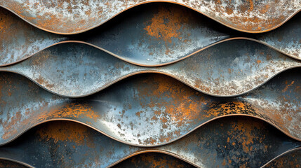 Poster - Metal ribbon waves with rust texture showcase industrial charm Generative AI