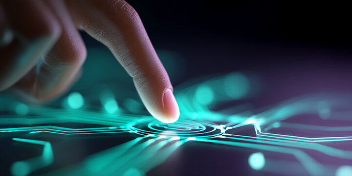 Close-up of fingertip touching glowing teal circuit lines on a dark surface, representing digital interaction, technology, and innovation